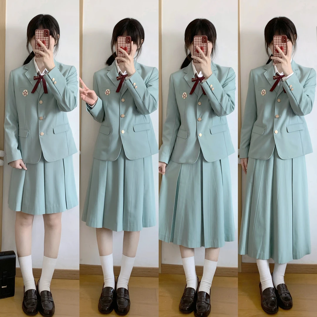 圣卡特星石文学部原创jk制服套装西服箱褶半长裙薄荷绿色套装春秋