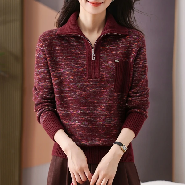 洋气宽松加厚高档上衣2024冬季新款百搭套头长袖毛衣女拉链针织衫