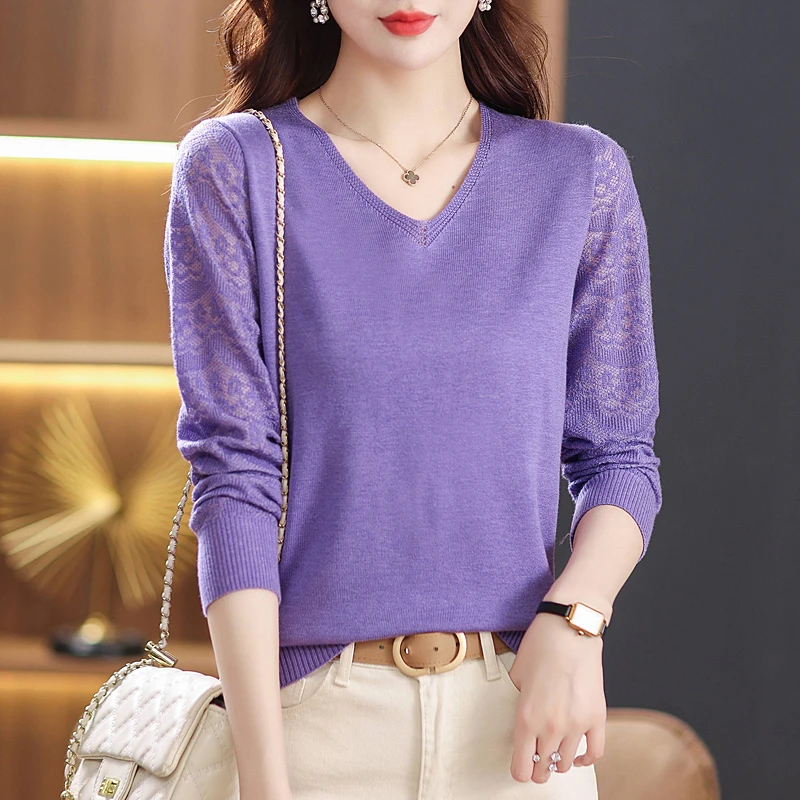 【绵羊毛】春秋款高贵V领毛衣女宽松妈妈装薄款洋气上衣长袖针织衫