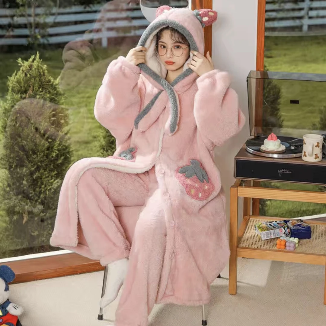 【草莓】冬季长毛绒女款冬季加绒加厚长款家居服睡衣女可爱时尚