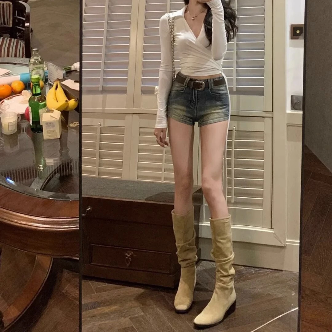 靴子女长筒靴2025年新款粗跟堆堆靴复古西部牛仔靴高筒瘦瘦骑士靴