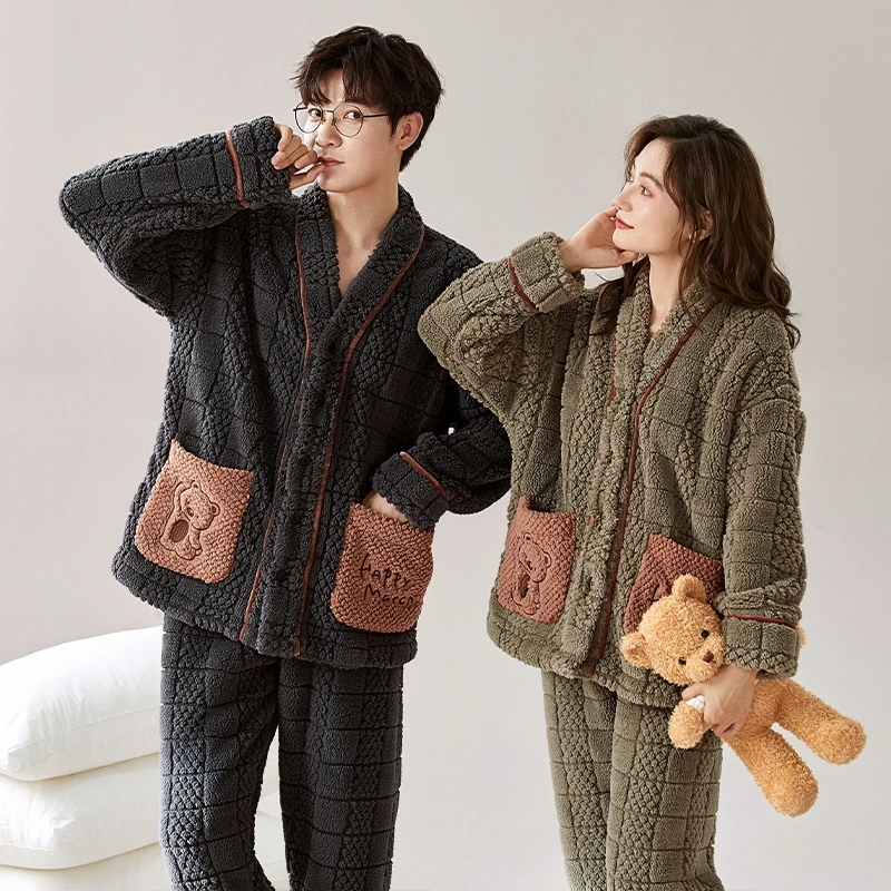 情侣睡衣女士冬季珊瑚绒加厚加绒男保暖小熊格子和服领家居服套装