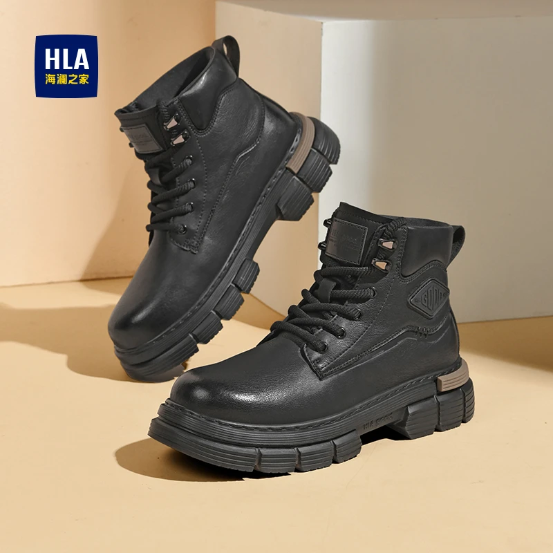 HLA/海澜之家男鞋2025冬季新款男士中帮百搭厚底马丁靴休闲工装靴