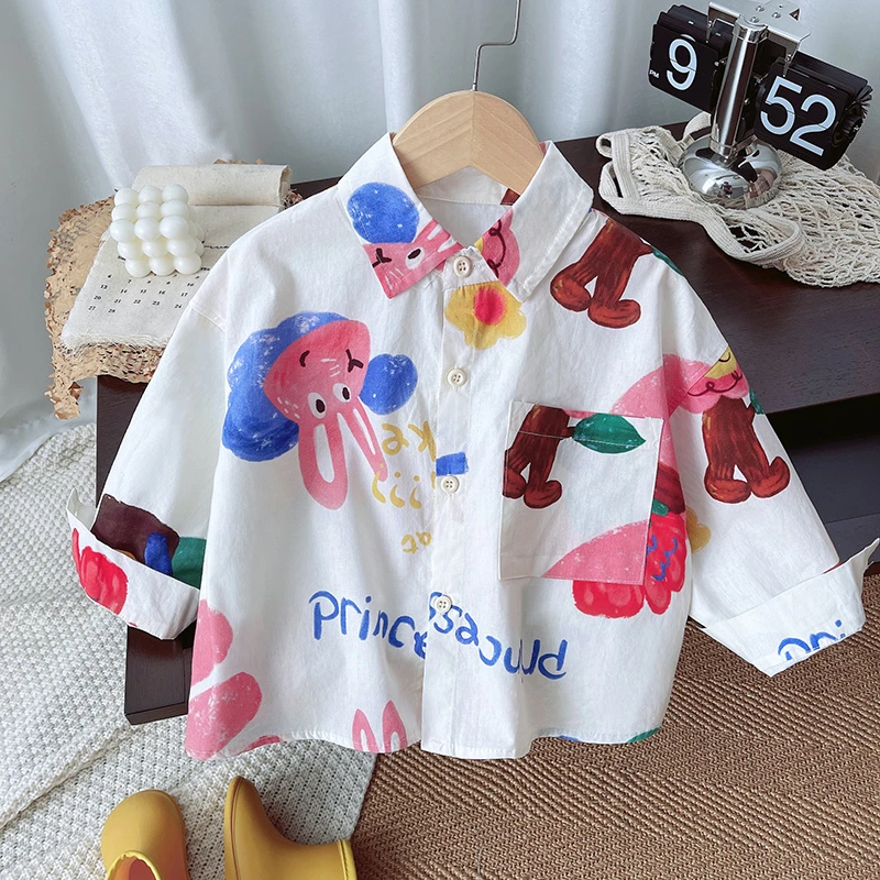 儿童卡通衬衣男童春秋款2024春季新款小童印花洋气可爱上衣潮