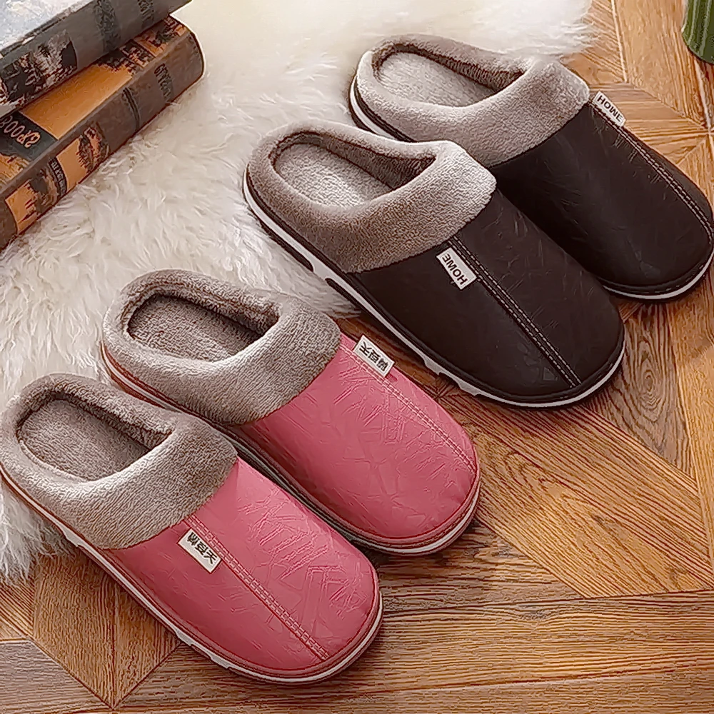 秋冬季加绒厚底防水防滑棉拖鞋PU皮面居家加厚月子托鞋保暖毛绒鞋