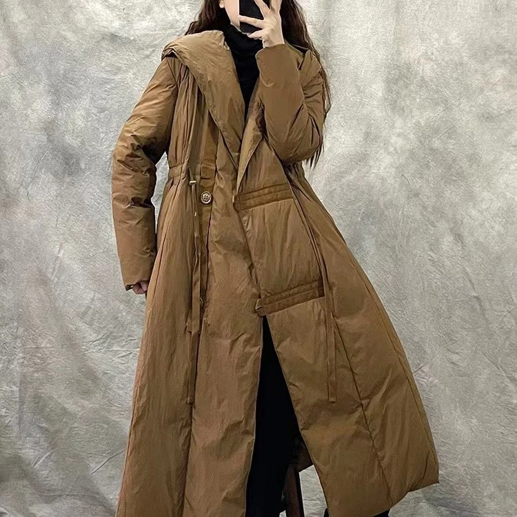 【新款】长款羽绒服女冬款设计感宽松保暖白鸭绒外套连帽收腰气质