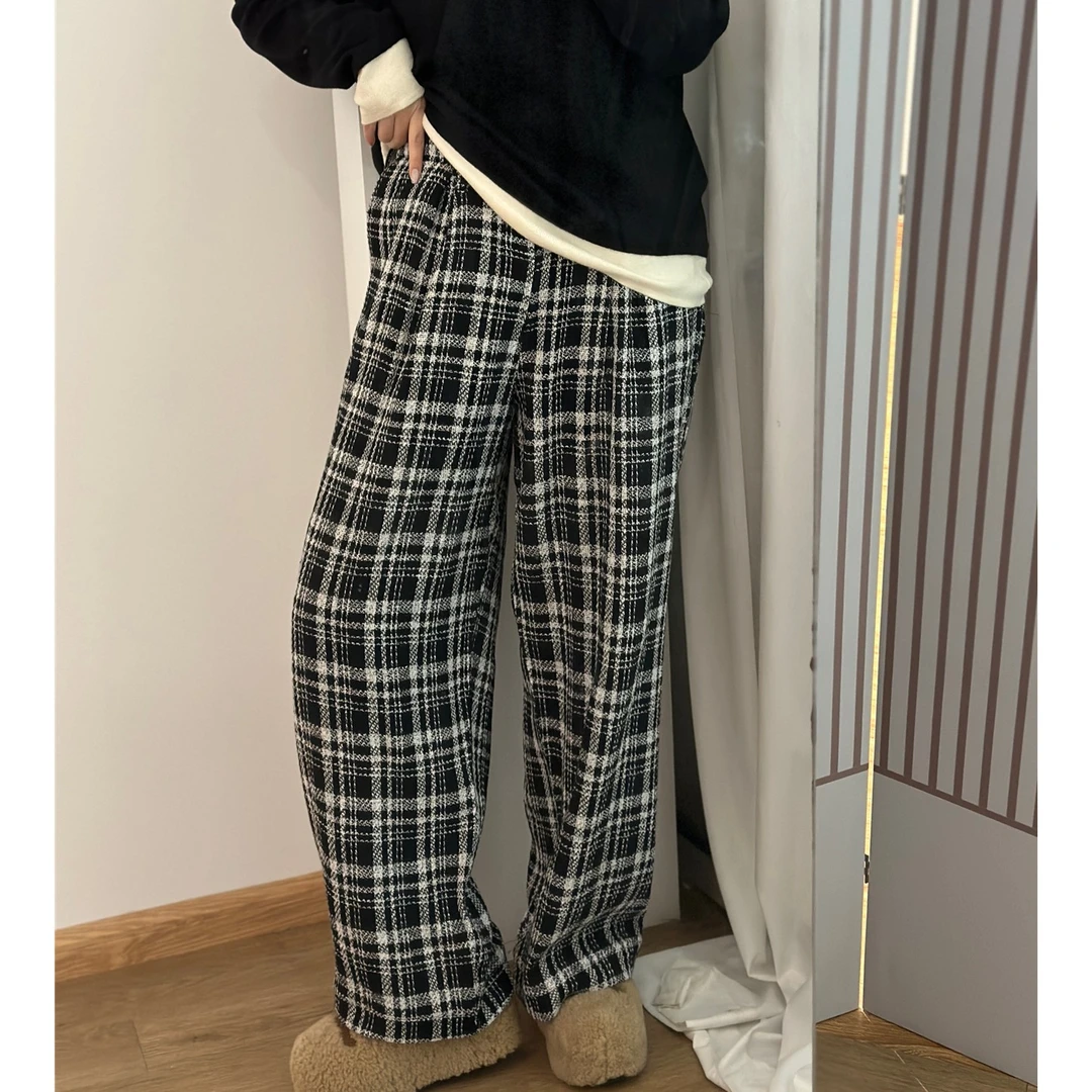 【瘦瘦】秋冬小香风粗花呢复古黑白格子裤加厚阔腿高腰拖地裤S0293