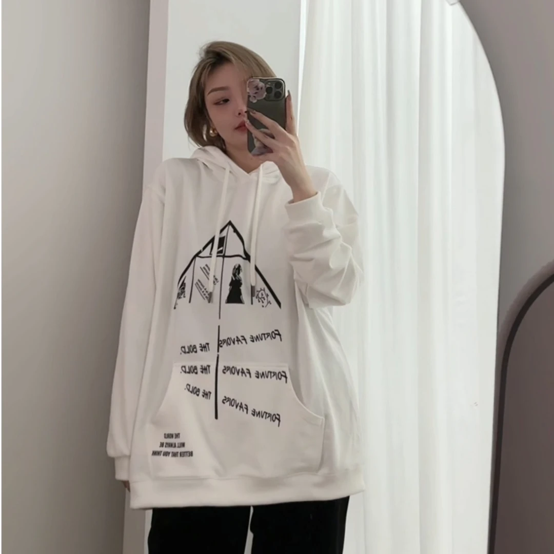 【瘦瘦】早秋韩版黑白休闲简约印花抽绳卫衣显瘦百搭长袖上衣S0186