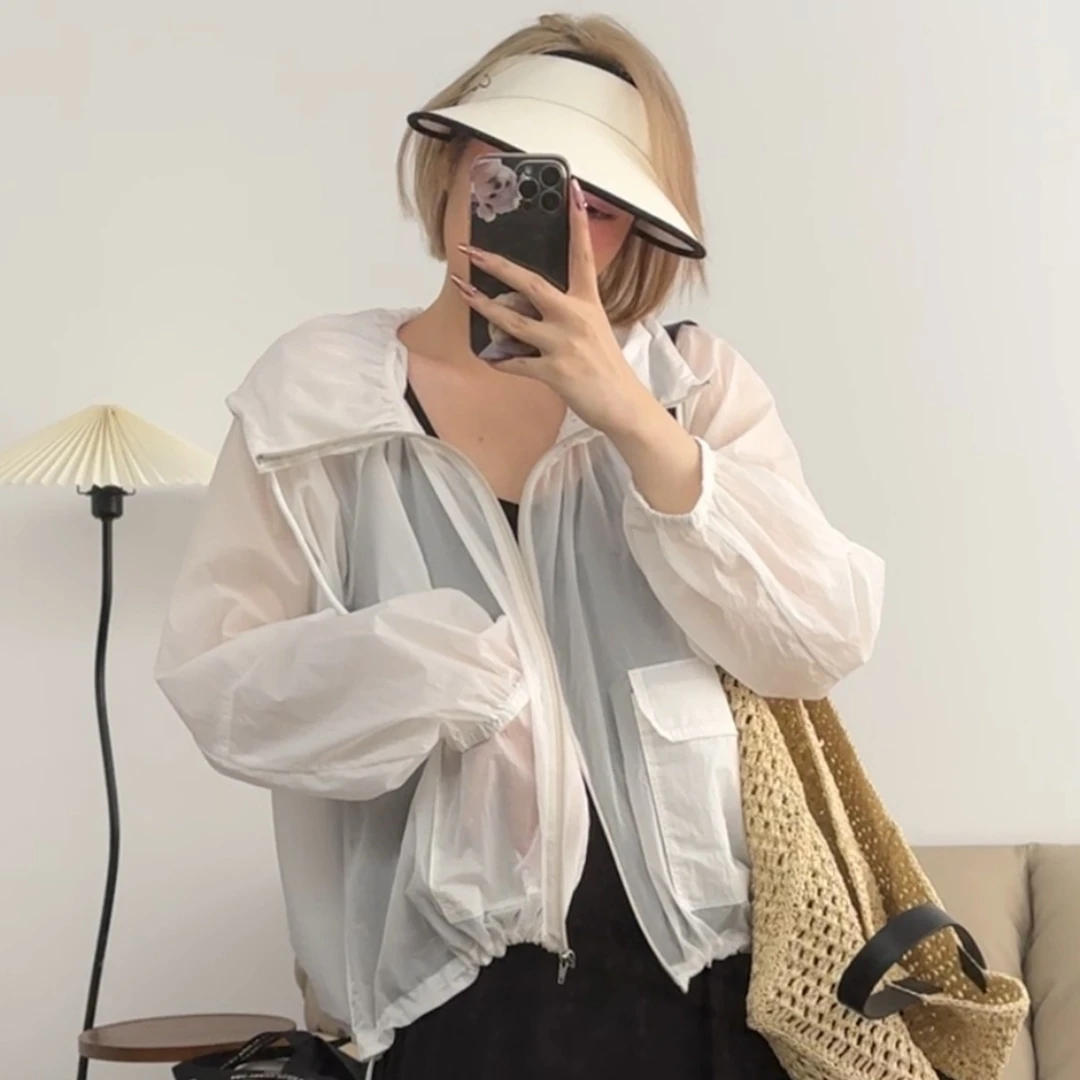 【瘦瘦】夏季大码娃娃领防晒拉链外套百搭抽绳连帽防晒开衫S0102