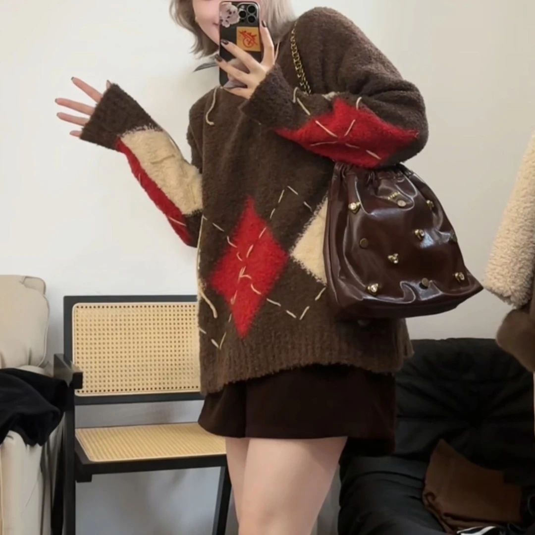 【瘦瘦】秋冬慵懒风加厚菱格流苏毛衣含羊毛复古针织圆领套头S0299