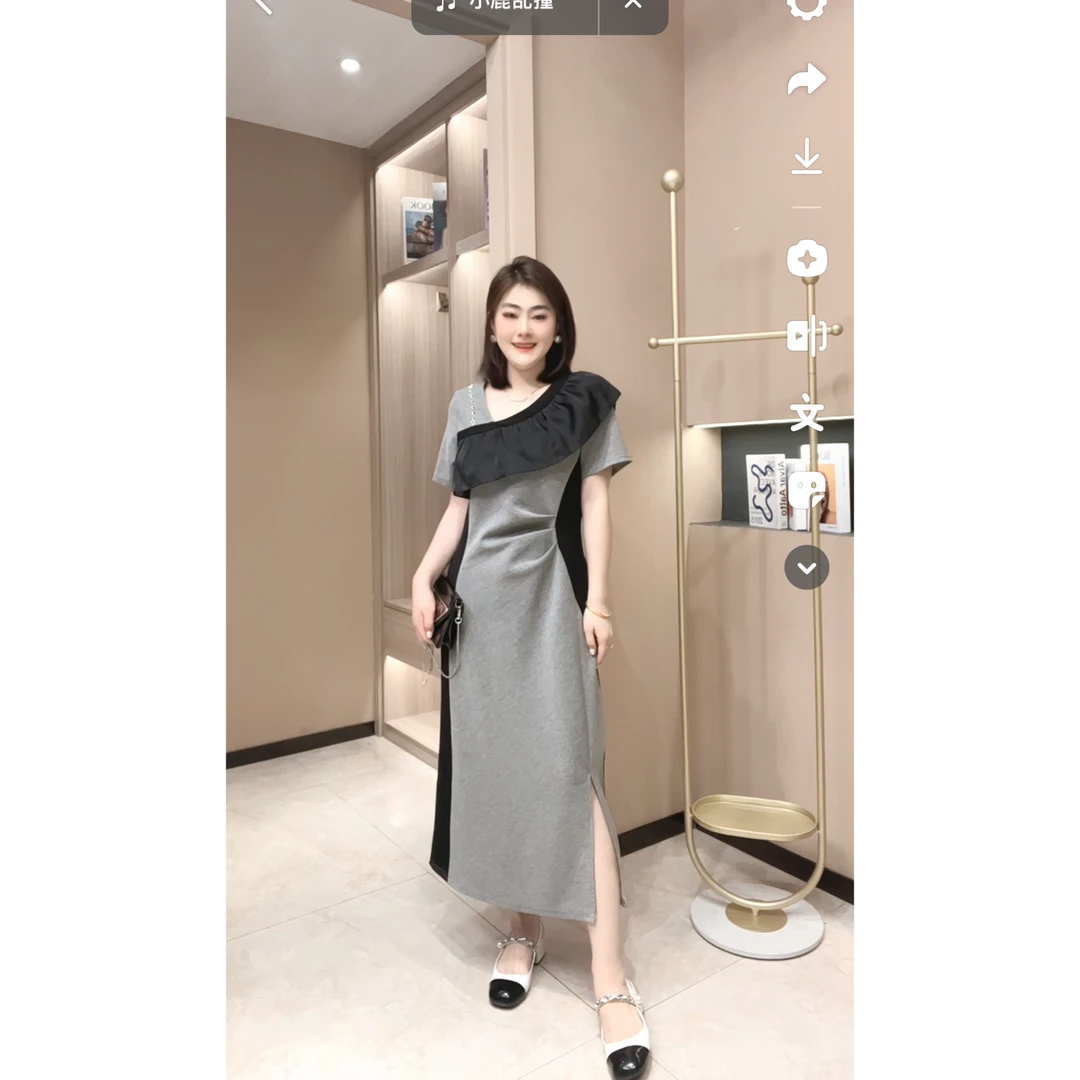 50035【春夏新款】法式荷叶边拼色收腰显瘦轻奢风时尚连衣裙诗诗