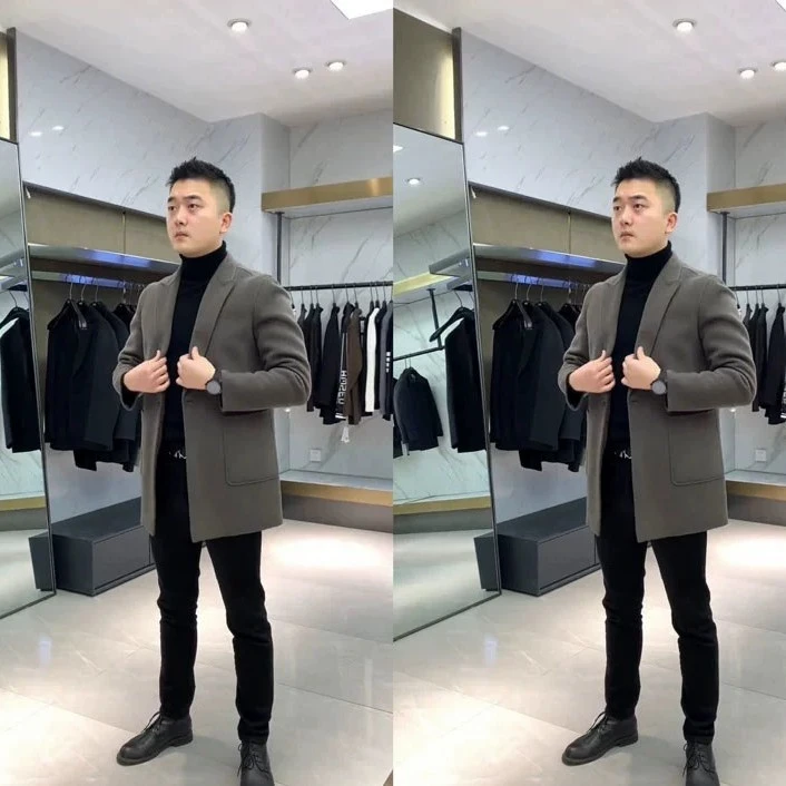 秋冬冬季新款简约加厚毛呢大衣双面中长款青年商务百搭西装领呢子