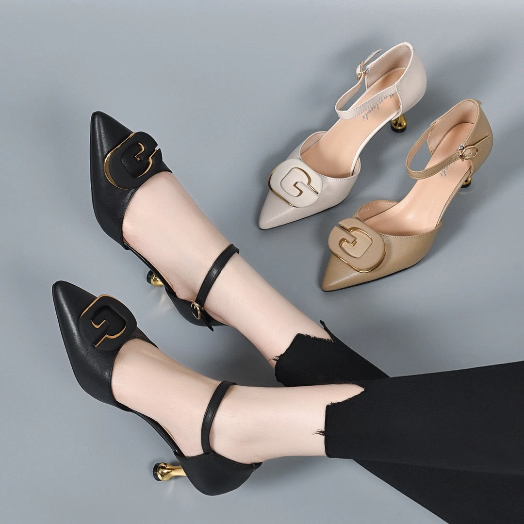 2023 新款时尚春季中空洋气一字单鞋高跟尖头跟鞋高跟鞋百搭细跟