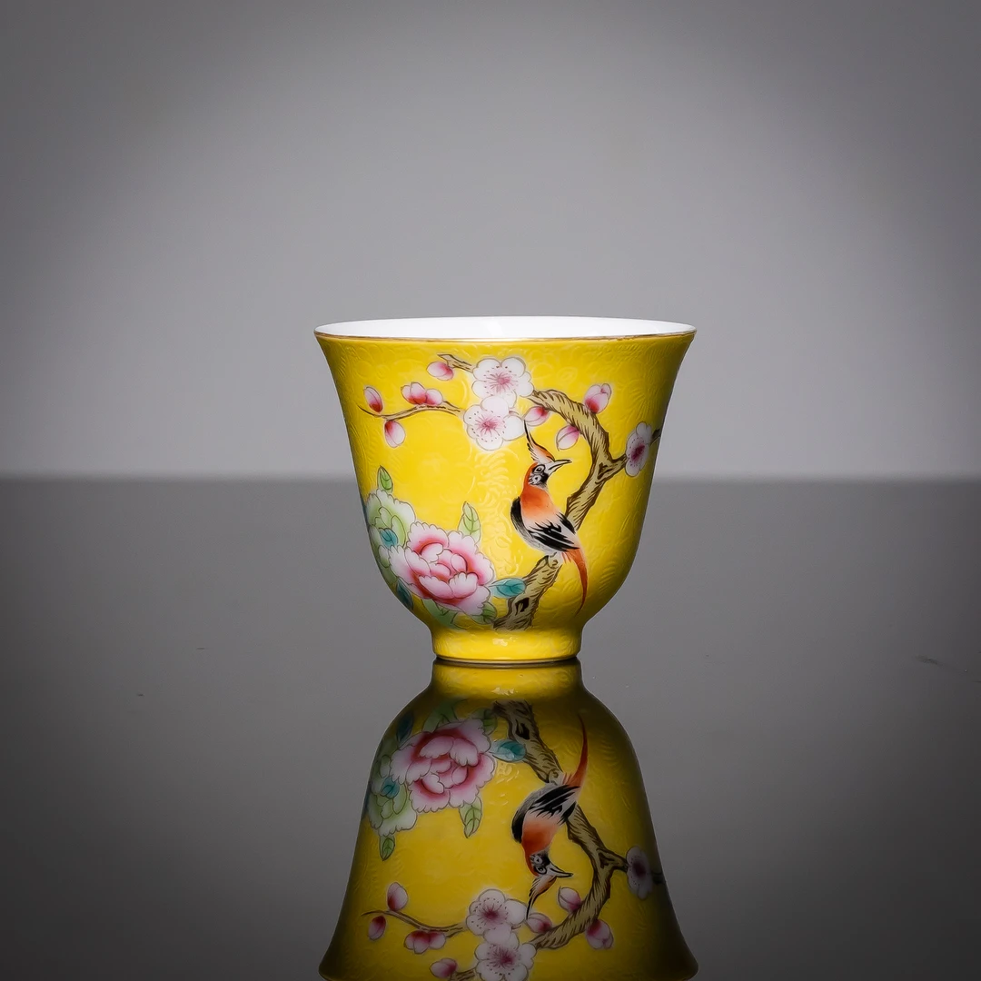 【墨舍好物】扒花黄色梅花花鸟闻香杯 家用陶瓷茶杯（msph16）