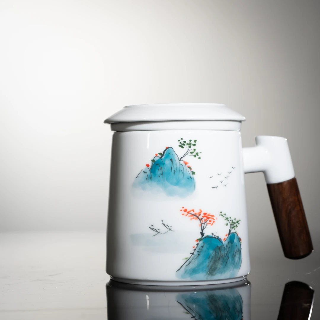 【墨舍好物】绿山水白木柄盖杯（th358）