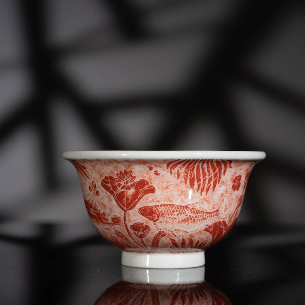 【墨舍名窑】一拓天成 鱼藻纹压手杯景德镇陶瓷手绘主人杯（yttc209）