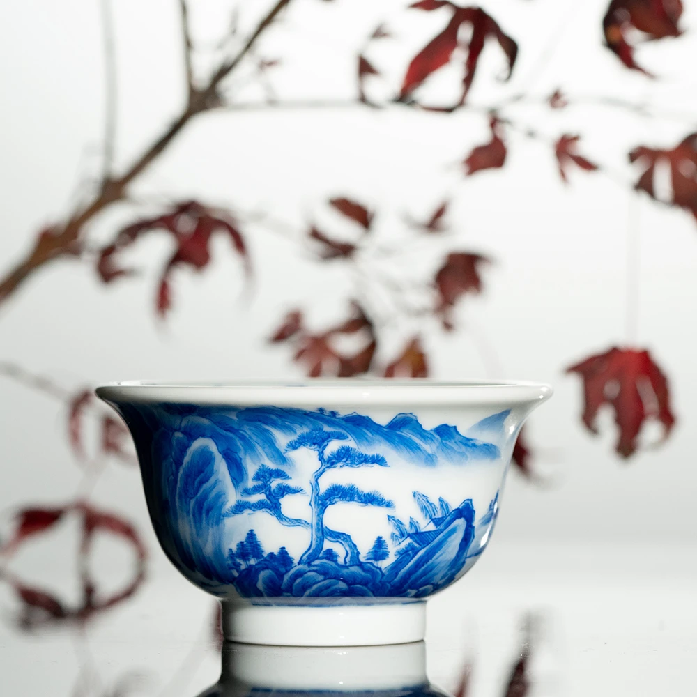 【墨舍名窑】翎溪堂山水大压手杯景德德青花手绘主人杯陶瓷杯（lxt1）