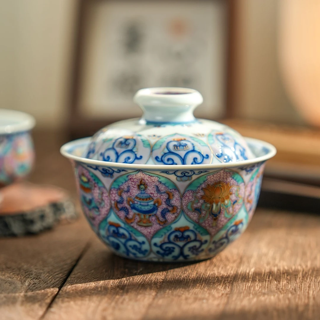 【墨舍名窑】预售15天玗琪轩八宝敦煌兔盖碗（yqx311）手绘陶瓷主人杯