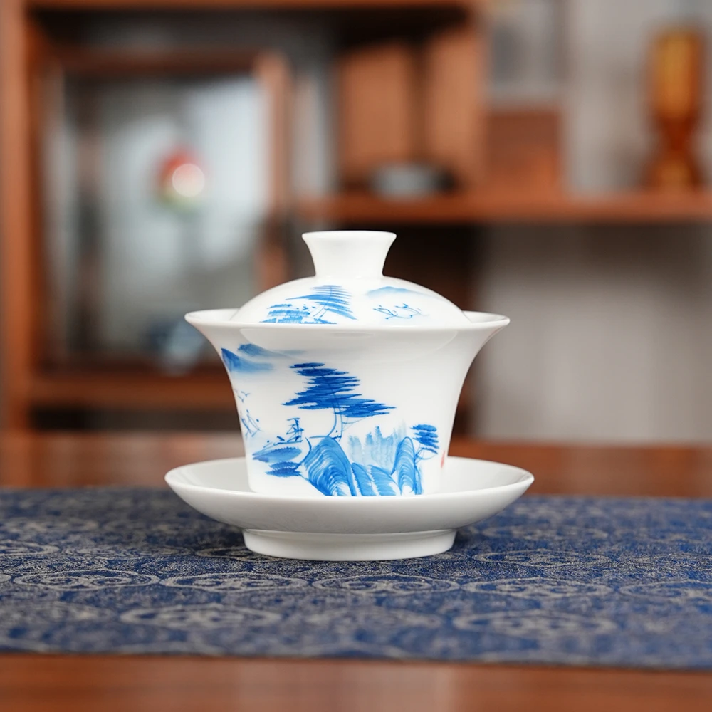 【墨舍好物】山水白仰钟三才盖碗 陶瓷手绘泡茶器（th328）