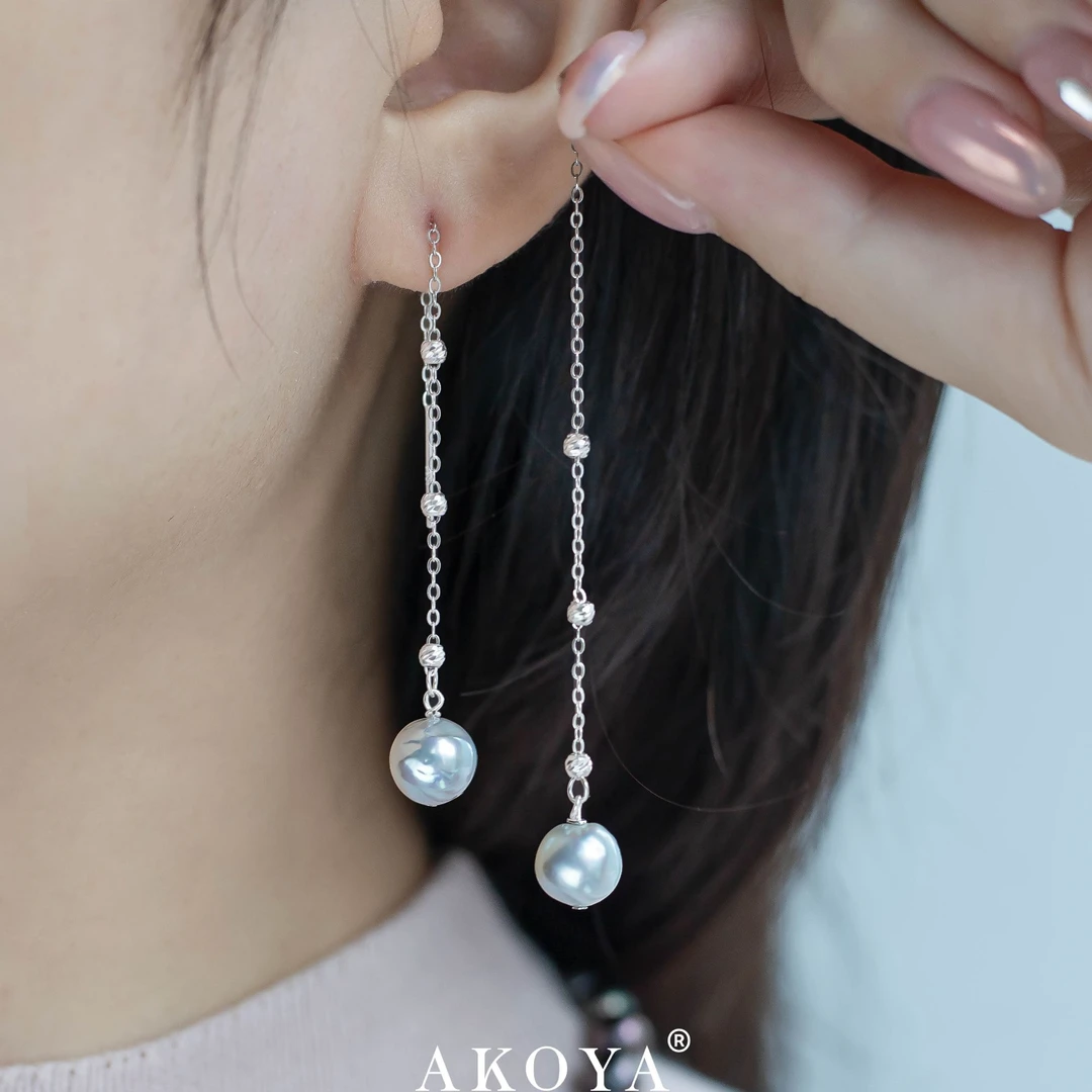 AKOYA海水珍珠耳线真多麻巴洛克S925银8-9天然银蓝金属爆闪2384