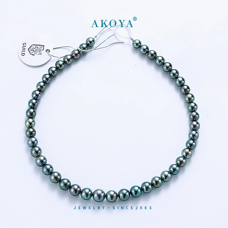 AKOYA大溪地吉尔德SP孔雀绿珠串14K黄金海水珍珠满珠链强光绿珠宝