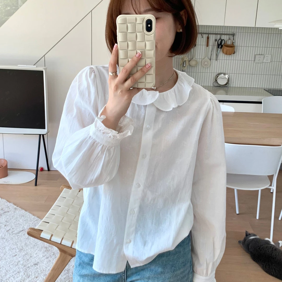 七七【忘忧草】2024秋季新款韩系花边领圆领小衫衬衫上衣娃娃领长袖