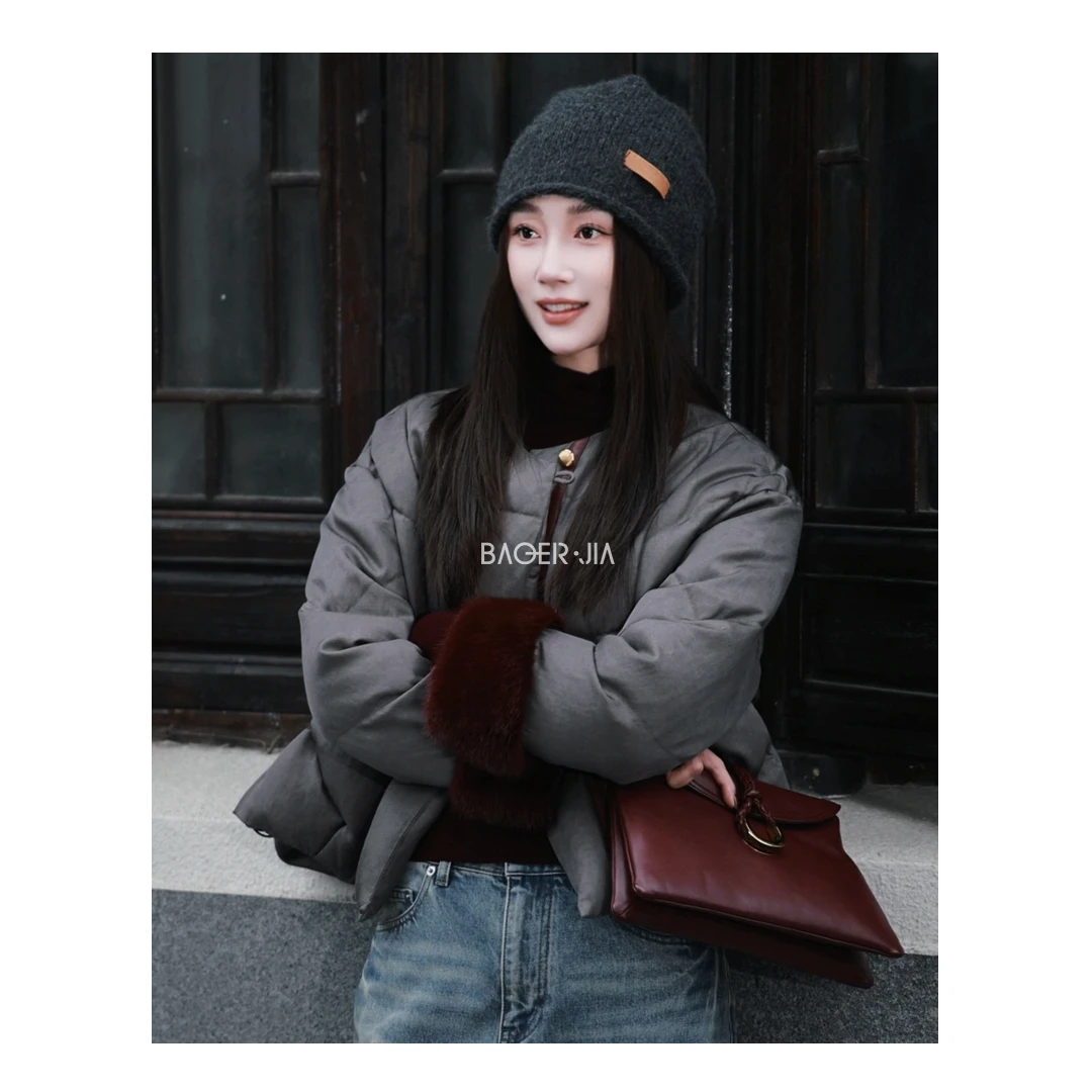 0-宝儿家含幂BH15324410冬季新款设计款水貂毛拼接格子面包鹅绒服