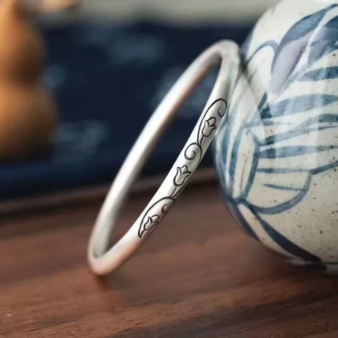 足银手镯 铃兰纯银手镯女999足银手工闭口复古文艺手工细手环哑光