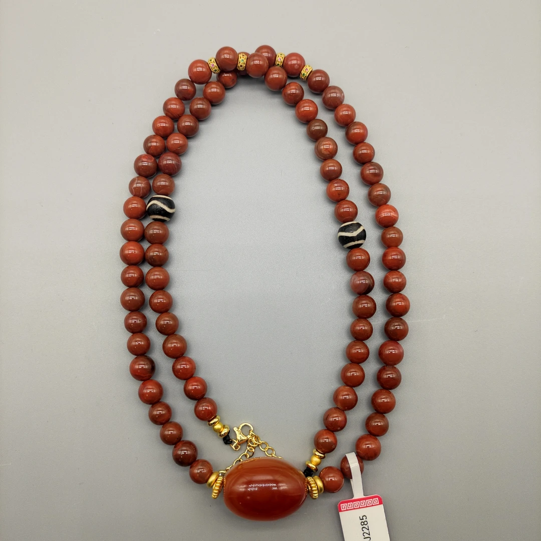 BJ2285 清代 南红圆珠链高油润玛瑙脖挂富甲一方