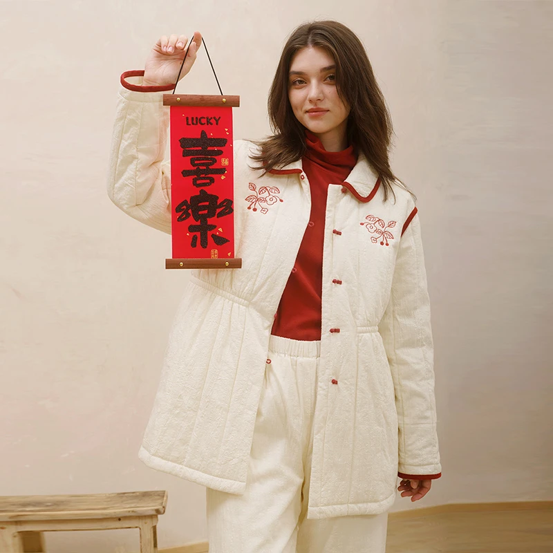 朵朵可可睡衣女冬季新款纯棉长款修身喜庆宽松加厚夹棉家居服套装