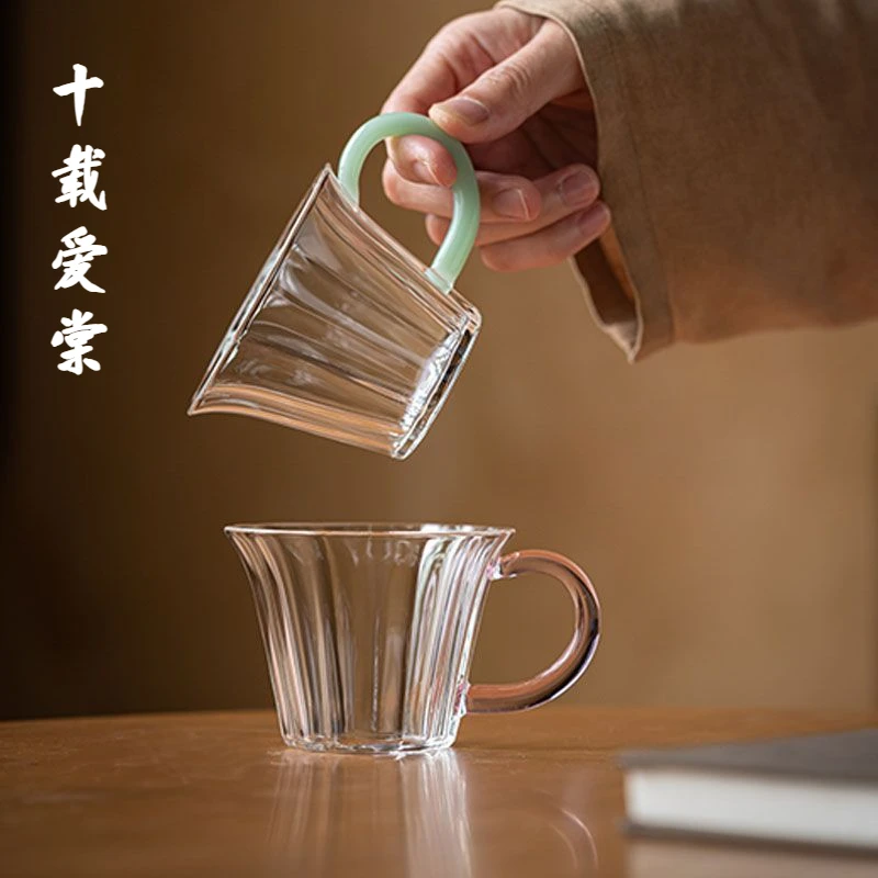 十载爱棠粉色把手花瓣玻璃茶杯主人杯家用高硼硅个人茶杯品茗杯子