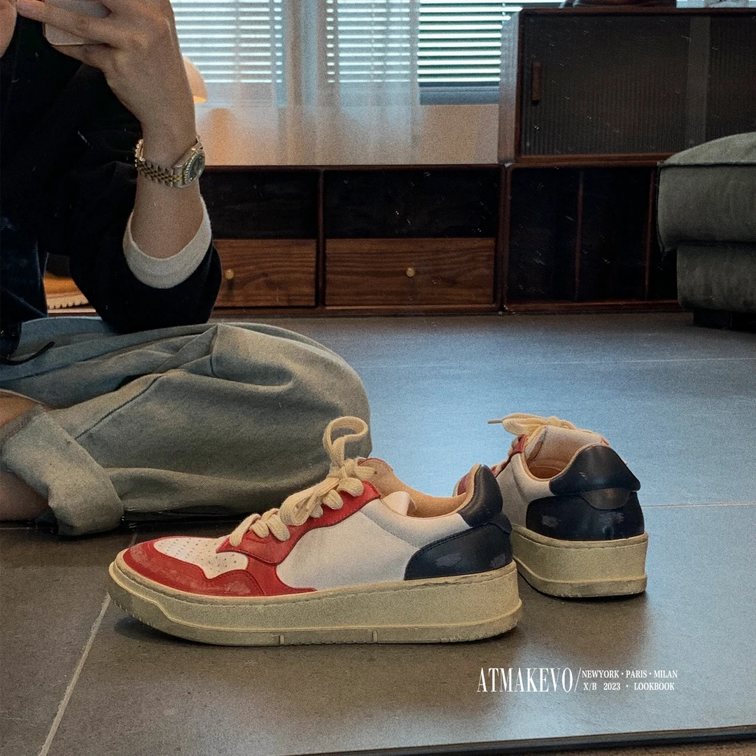 吕小布I黑白熊猫鞋百搭平底真皮运动休闲鞋做旧厚底板鞋女0229