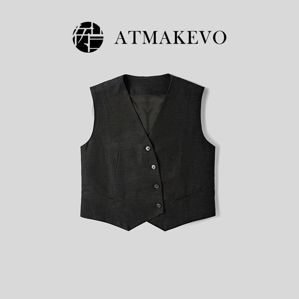 吕小布定制私服~篙级感 夏日显瘦V领休闲斜扣无袖亚麻马甲