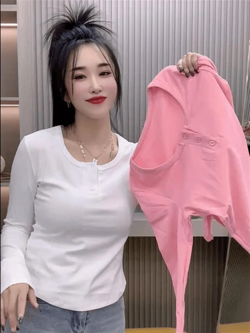 设计感小众长袖打底T恤女2024秋新款修身显瘦纯色内搭上衣锁骨t恤