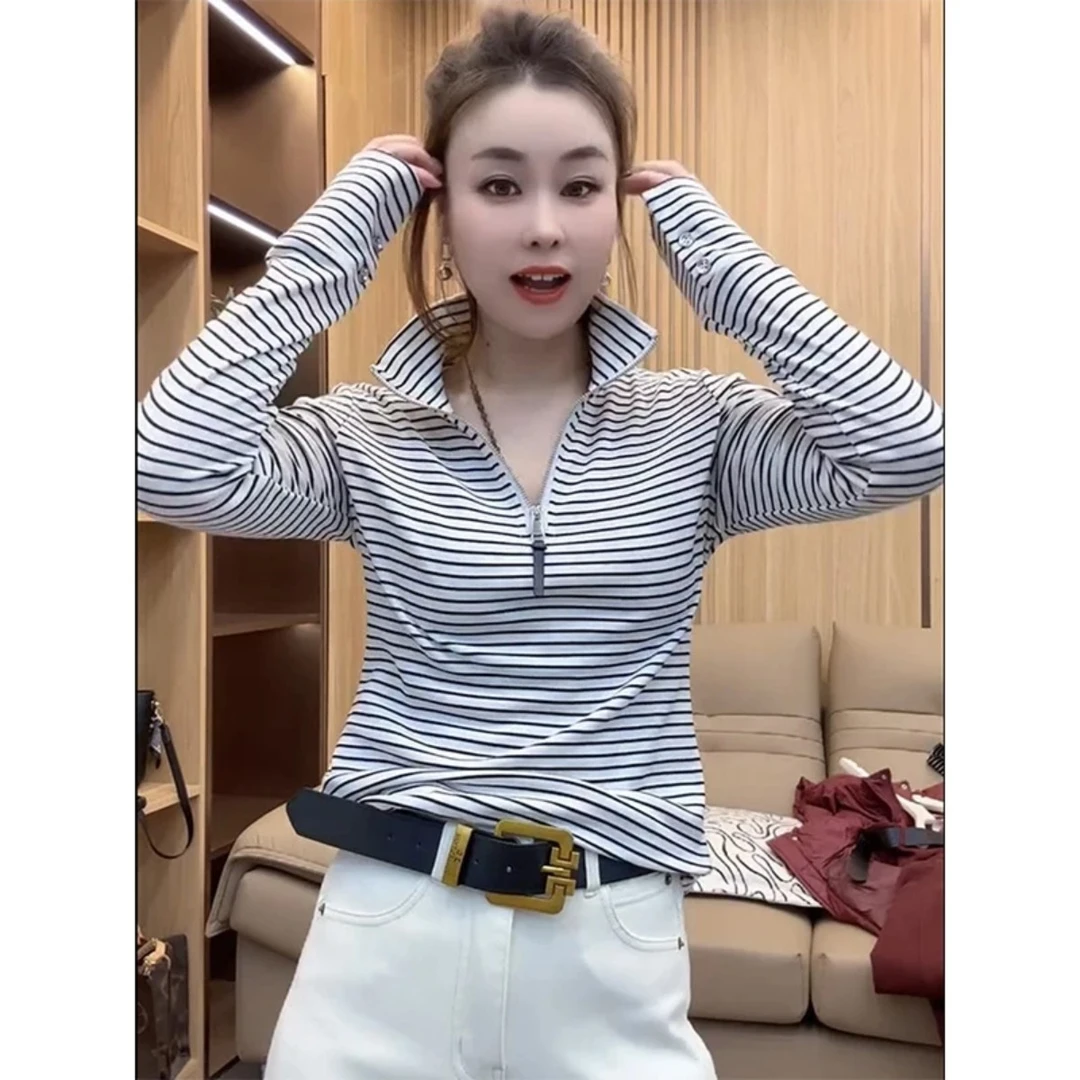 拉链半开领条纹T恤女秋冬新款百搭洋气显瘦休闲时尚长袖打底衫