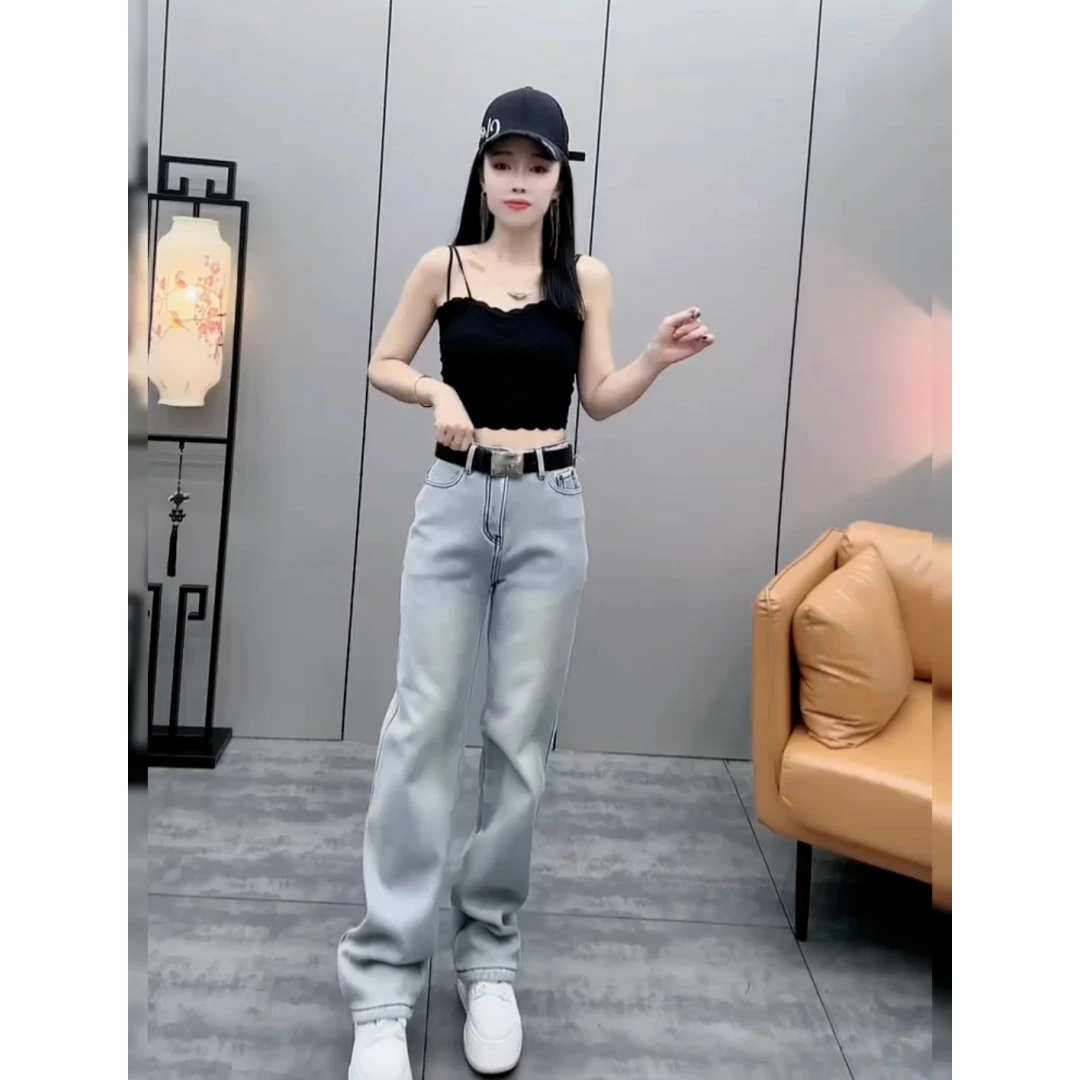 黑色直筒牛仔裤女秋季新款爆款加绒宽松窄版直筒高腰显瘦拖地裤