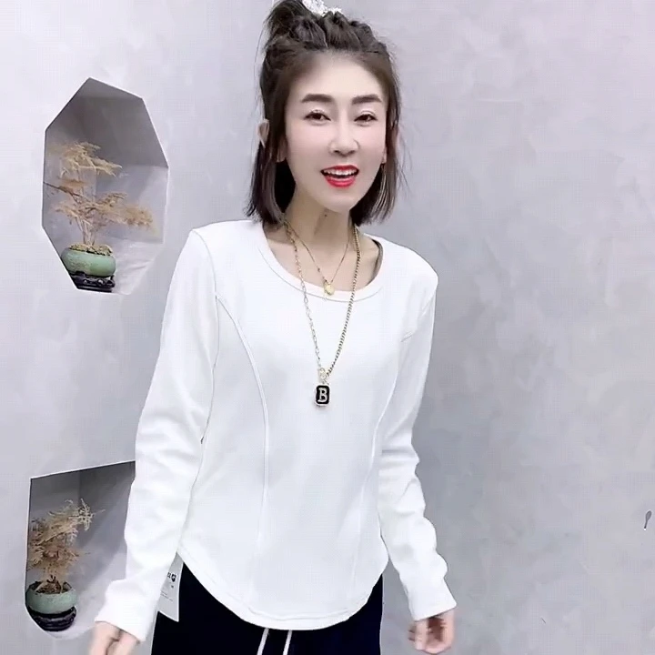 欧货2024秋季新款磨毛净版鱼骨线长袖T恤女休闲蚂蚁腰显瘦洋气打