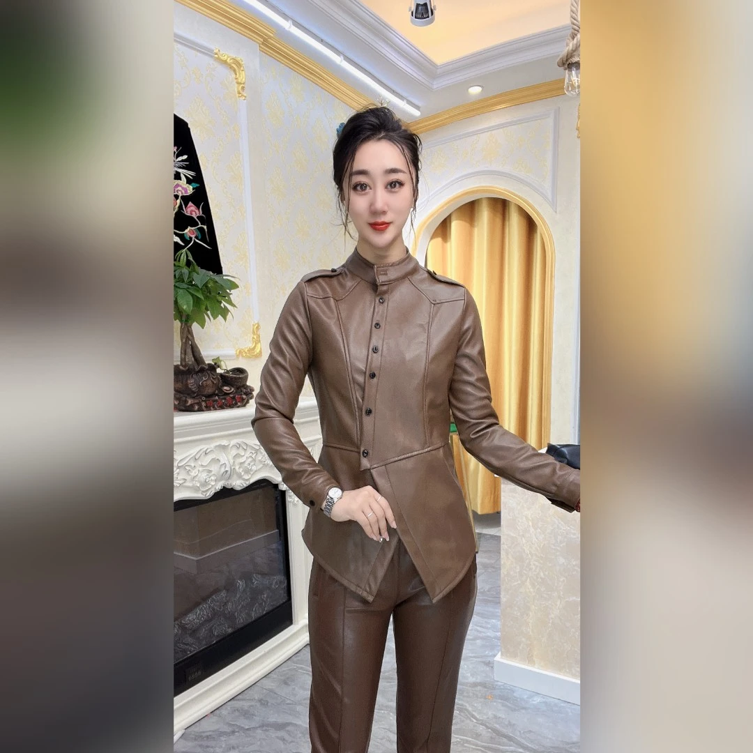 （677）大漂亮纤维软皮衬衫百搭显瘦简约气质时尚黑色衬衫（黑+咖）