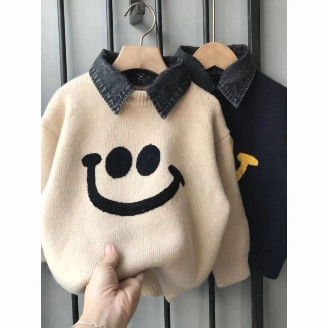 男童宝宝翻领毛衣2023秋冬新款中大童加厚针织衫炸街痞帅上衣潮