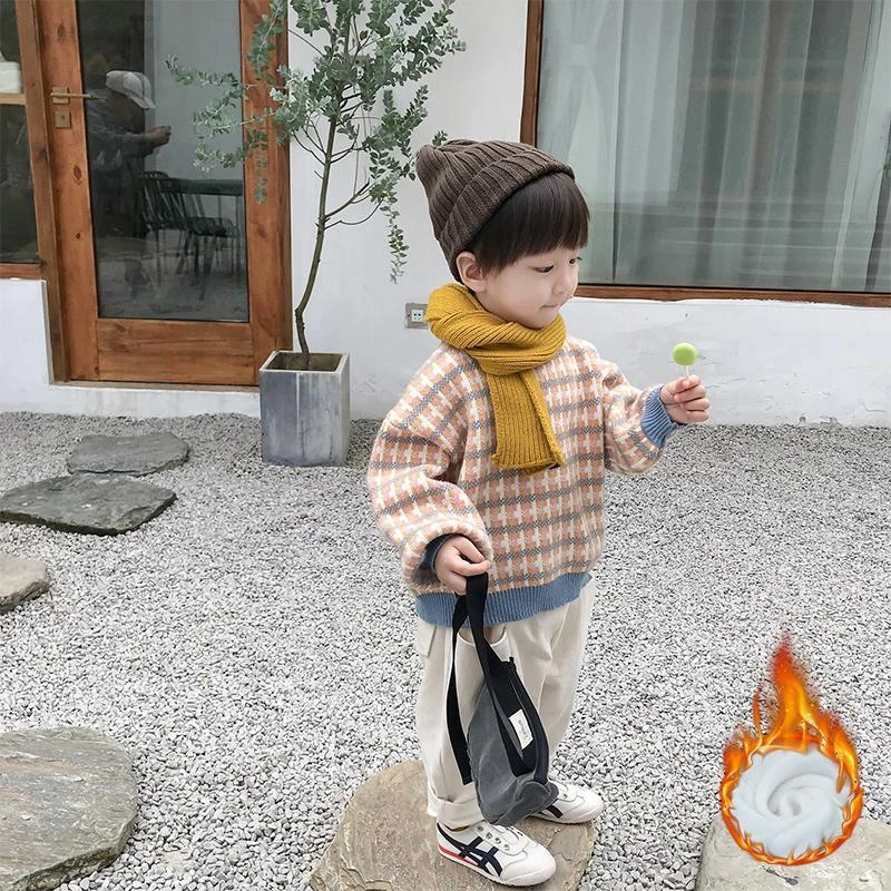 宝宝毛衣男童针织上衣儿童条纹打底衫2023新款韩版套头潮加一体绒