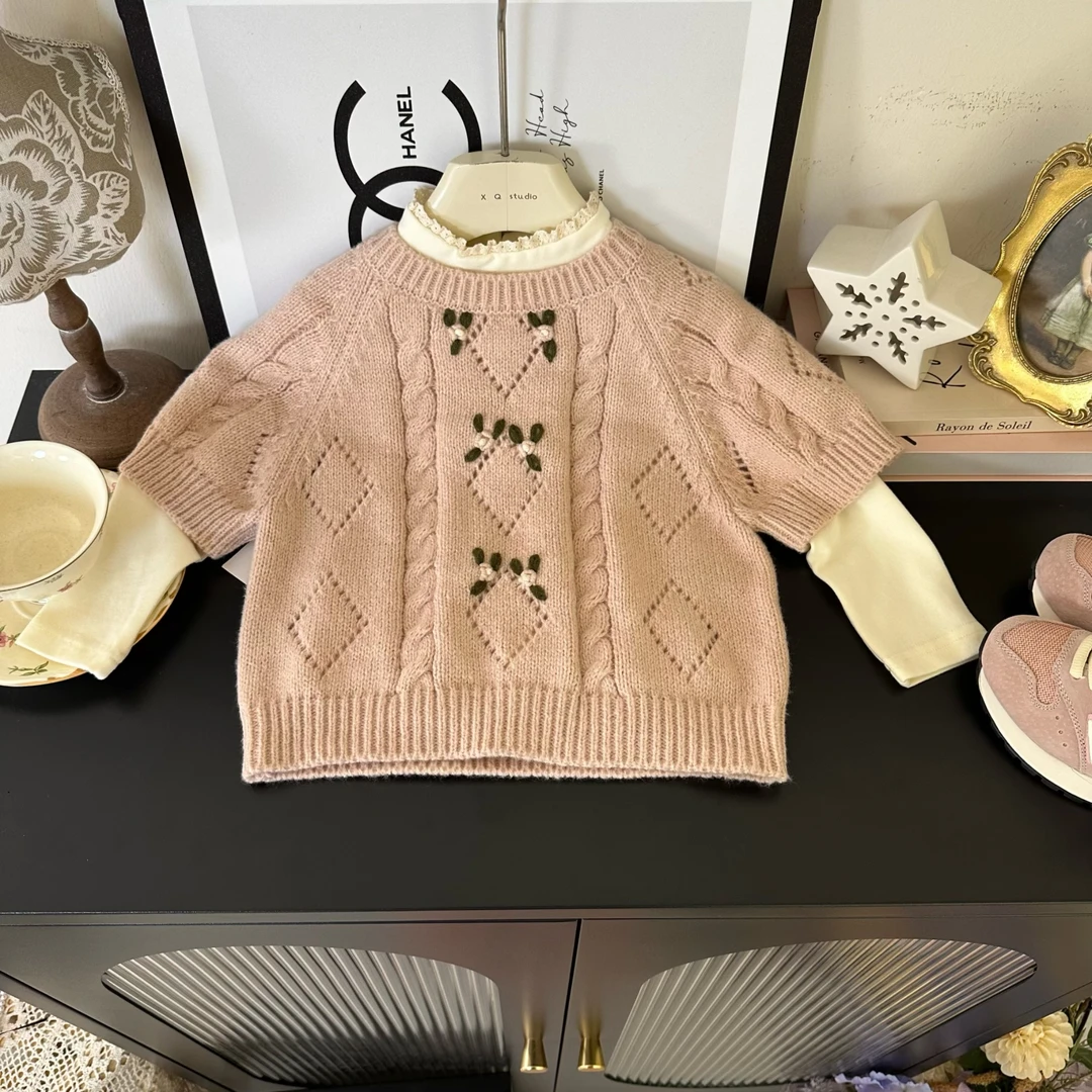 女童2024秋季新款韩版洋气钩花毛衣半袖打底衫两件套YM1091