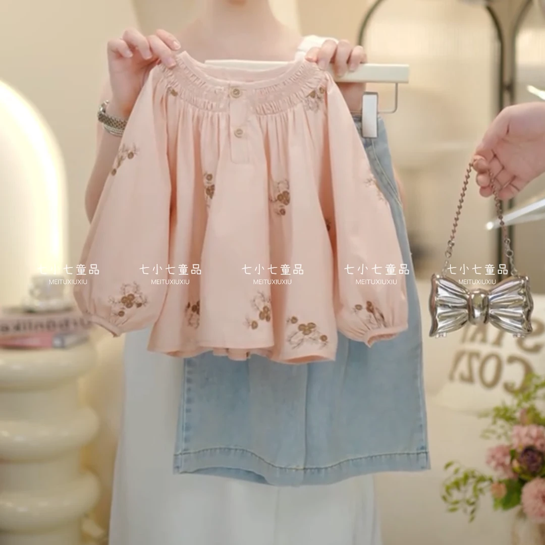女童2024秋季新款洋气重工刺绣娃娃衫牛仔阔腿裤套装C21848