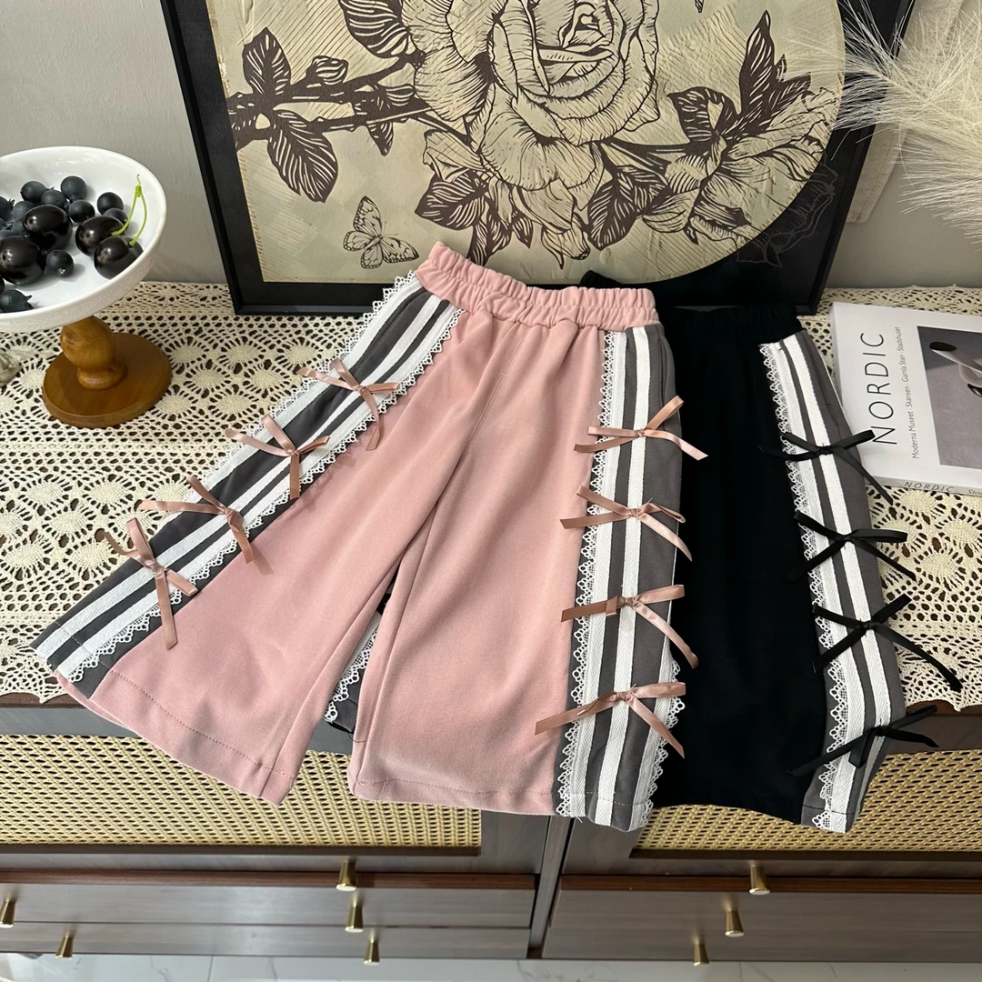 女童2024秋季新款洋气蕾丝拼接蝴蝶结阔腿裤YM1050