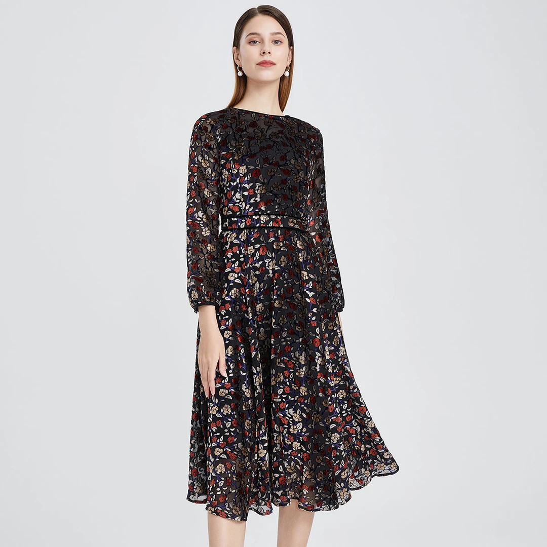 印花长袖长款显瘦连衣裙秋冬HCA235DR0