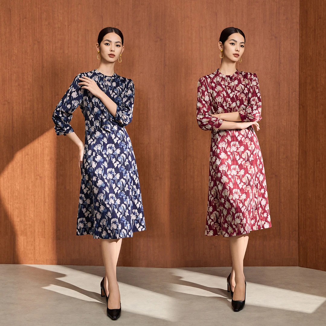【联享惠甄选】连衣裙碎花显瘦气质长袖时尚复古印花提花VDA657DRX0