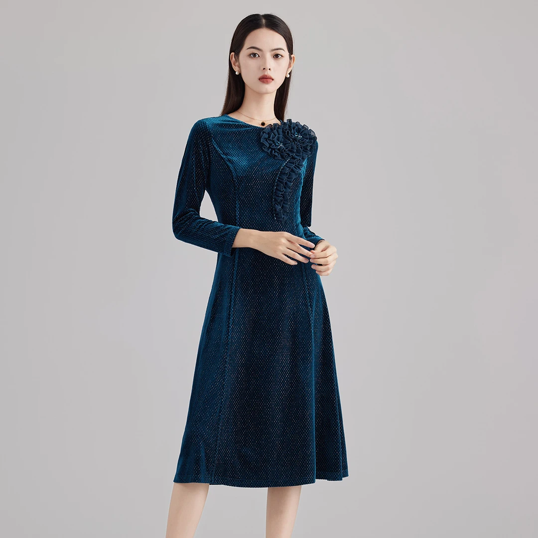 MY TENO/马天奴VRA100复古时尚显瘦气质长袖连衣裙秋冬提花优雅