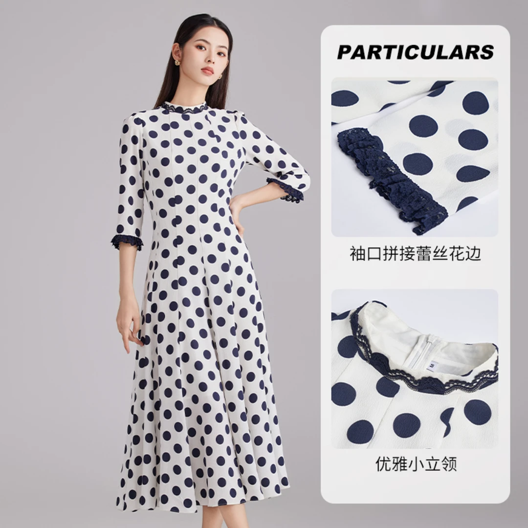 【马天奴】秋冬新款撞色波点立领时尚连衣裙优雅VRA994DRX0