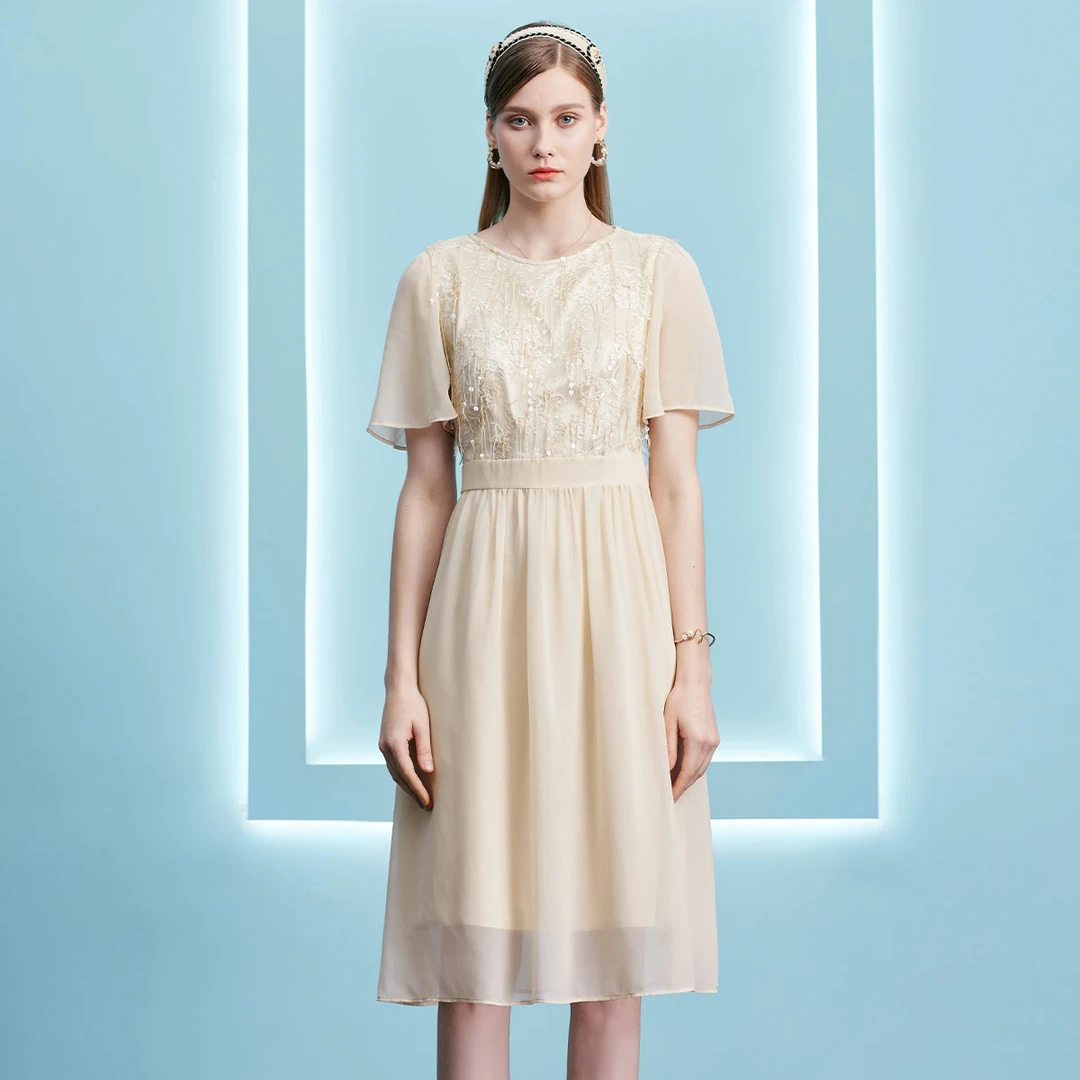 【专场福利】蕾丝显瘦气质白色夏季中长款女装连衣裙VRS587DRX0