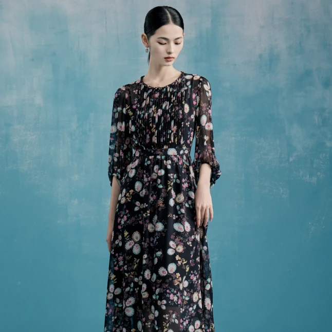 MY TENO/马天奴VDS228蕾丝女装大码碎花显瘦气质长袖宽松连衣裙