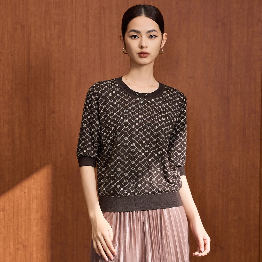 【马天奴】时尚复古印花圆领提花套头针织衫VDA856SWH0